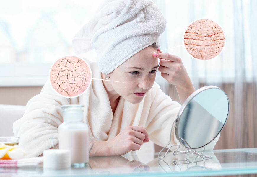 Woman looking at her dry skin with cracks and with first wrinkles. Circles increase the skin like a magnifying magnifier